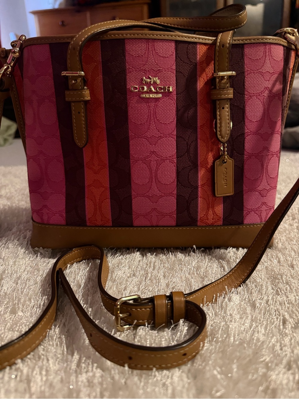 Coach Striped Canvas Tote in Pink, Orange and Brown with Tan Trim